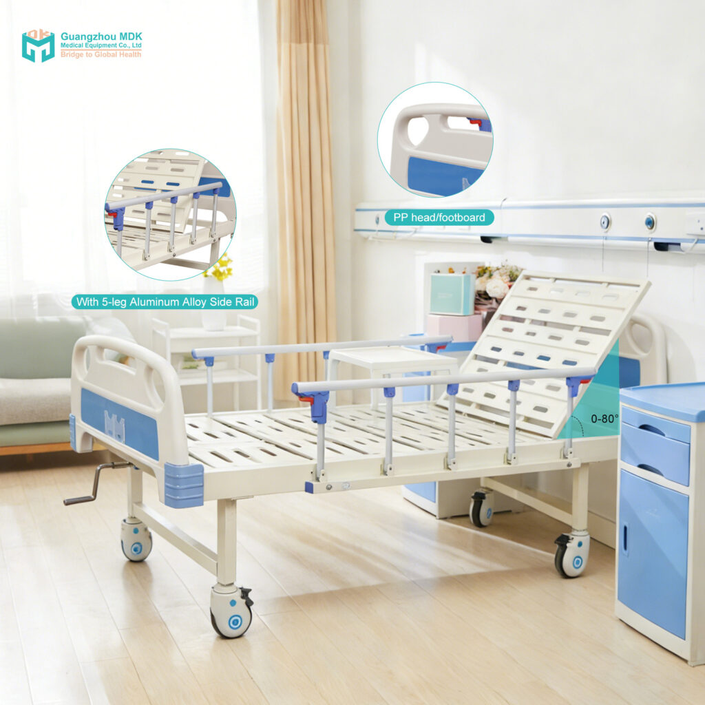 Manual Single-Crank Nursing Bed with Stamped Steel Board & Aluminum Guardrails